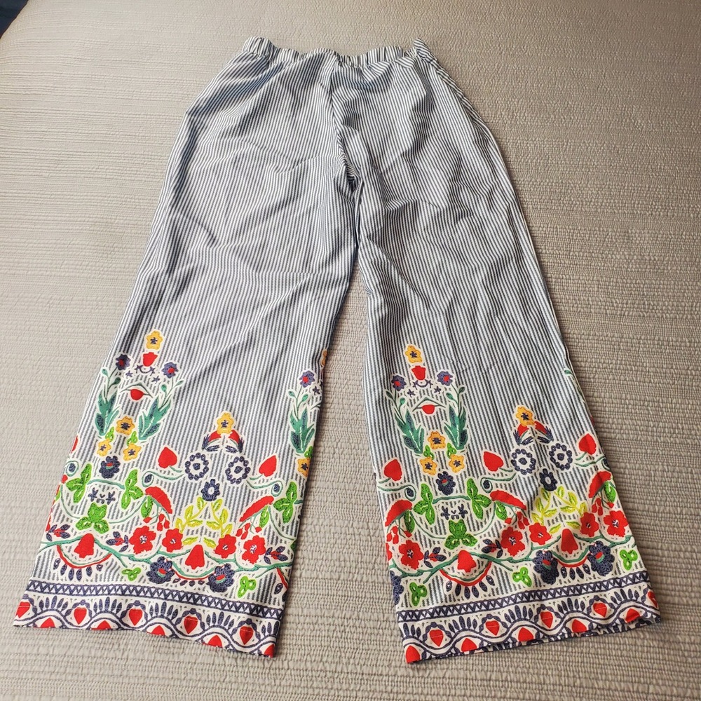 Unbranded Wide Leg Pants Women Medium Blue White Striped Floral Print Boho